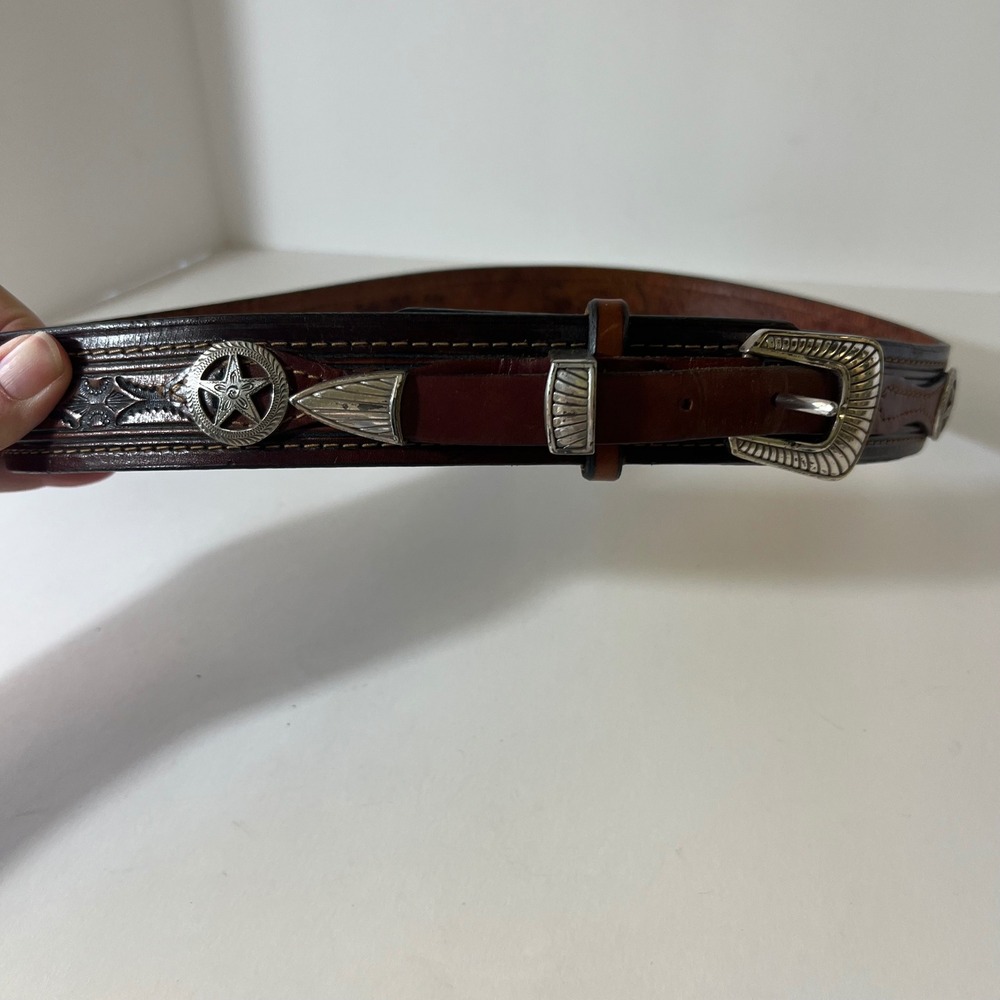 Vintage 1996 The Real Mccoy Tooled Leather Concho Belt Brown Size 38 - 40